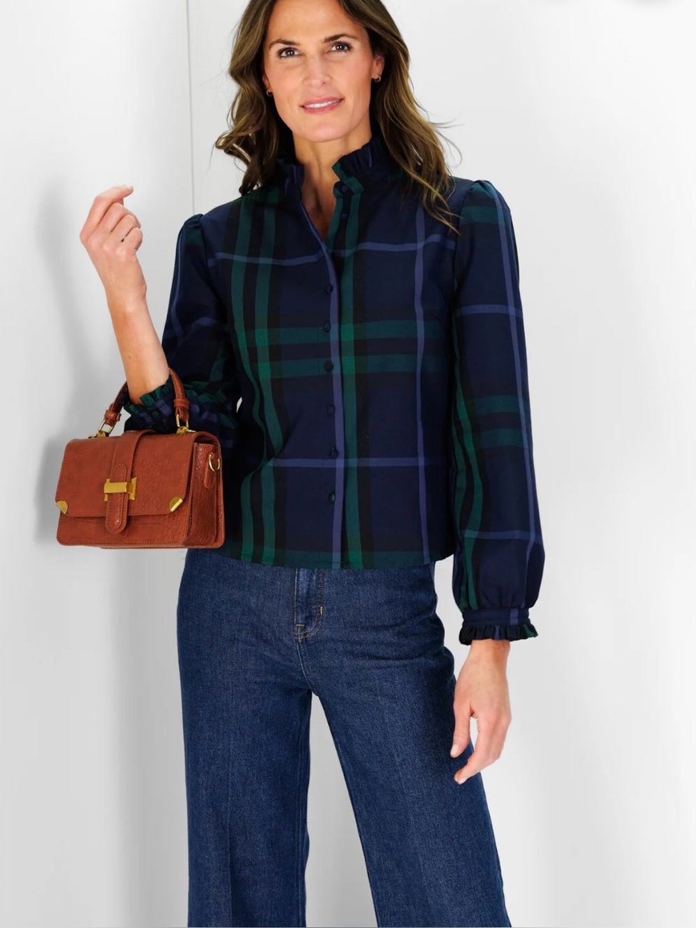 Duffield Lane Women's MILLER TOP NAVY PLAID ruffle collar Size S NWT MSRP $197 - Picture 2 of 14